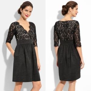 Eliza J Black Lace & Faille Elbow Sleeve V Neck Empire Waist Dress
